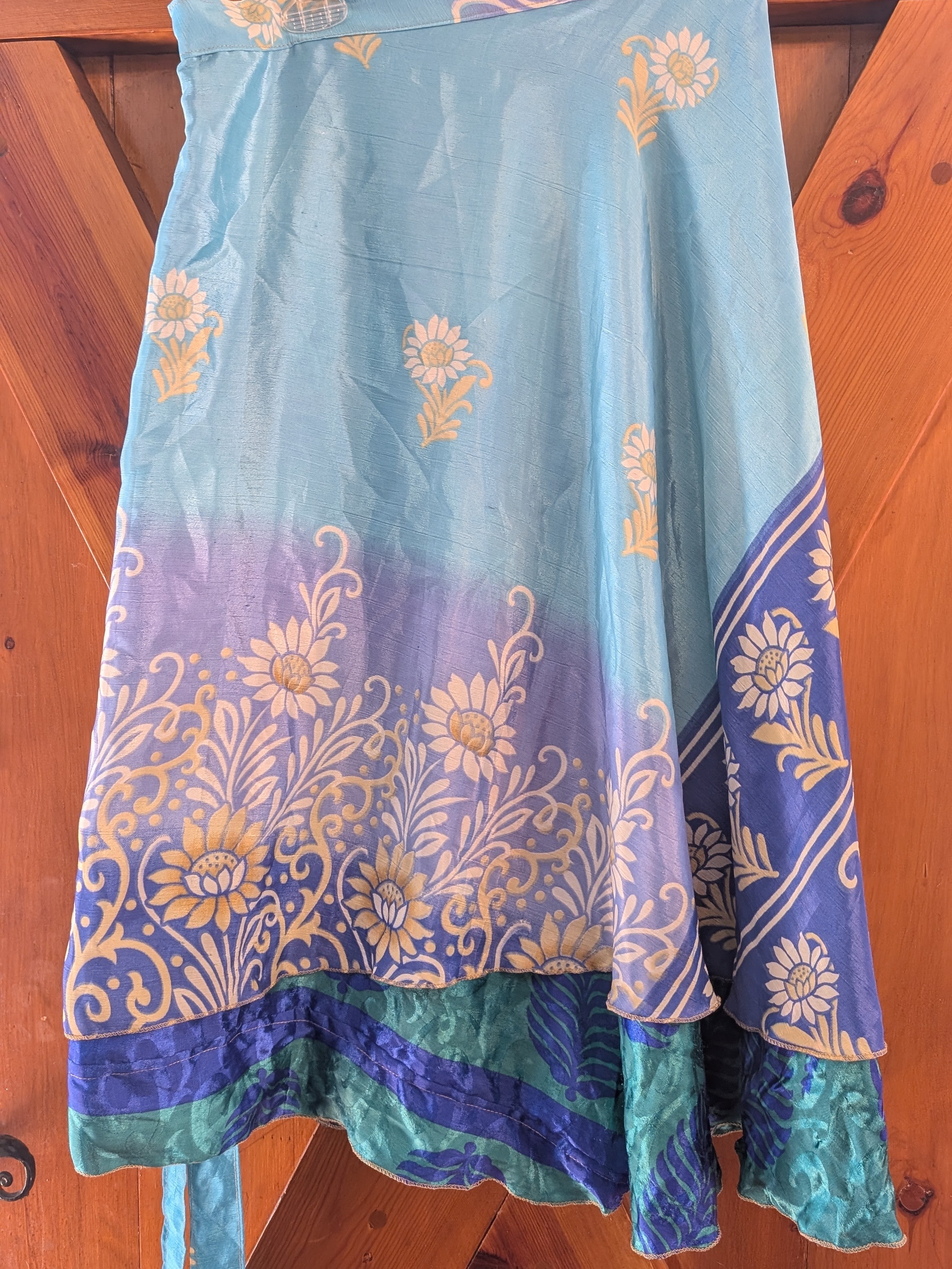 Blue Green Sari Wrap Skirt Tea Length Plus Sized Adjustable Reversible